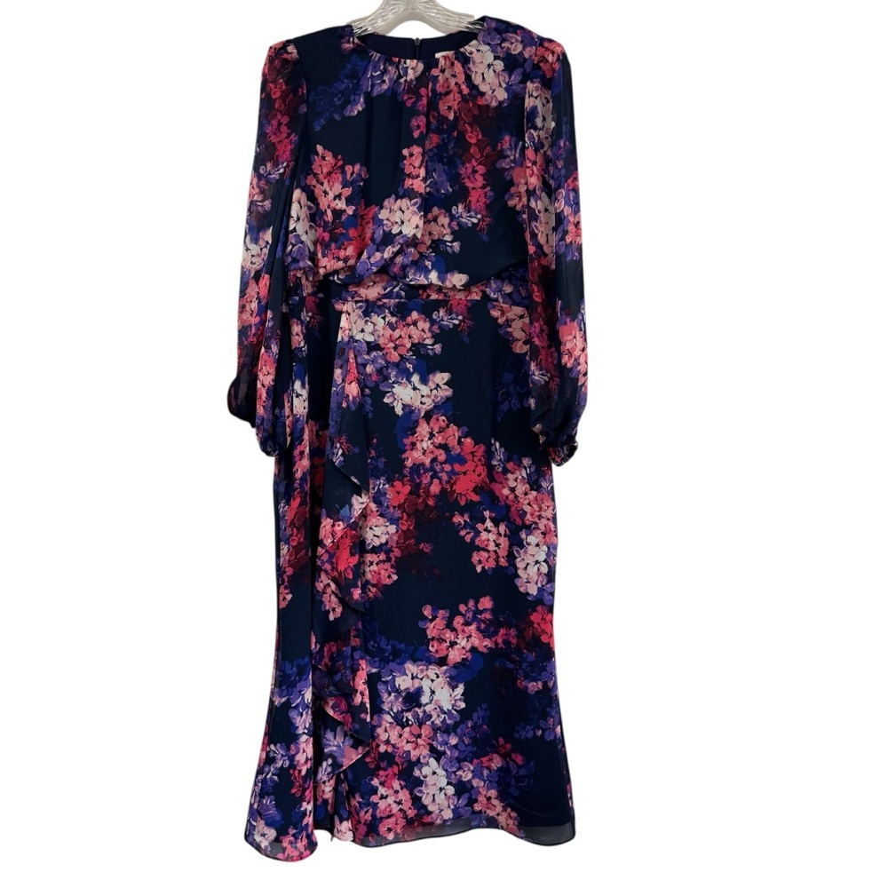 Eliza J Ruffled Long Sleeve Dress Slit Leg Size 14 Cocktail Floral Mother Bride - Picture 3 of 11